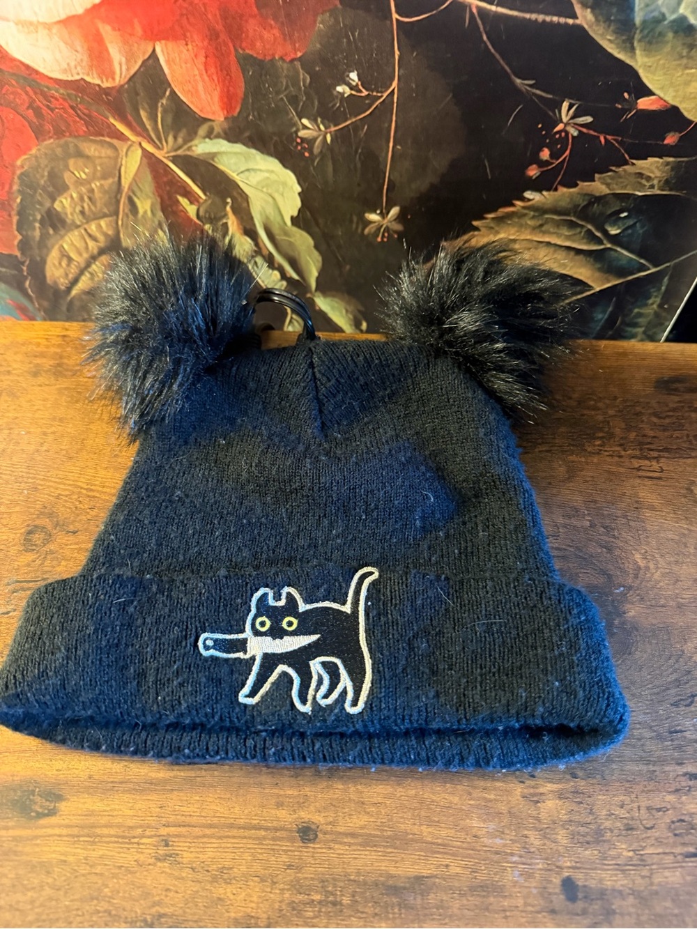 Double pom black cat knitted hat